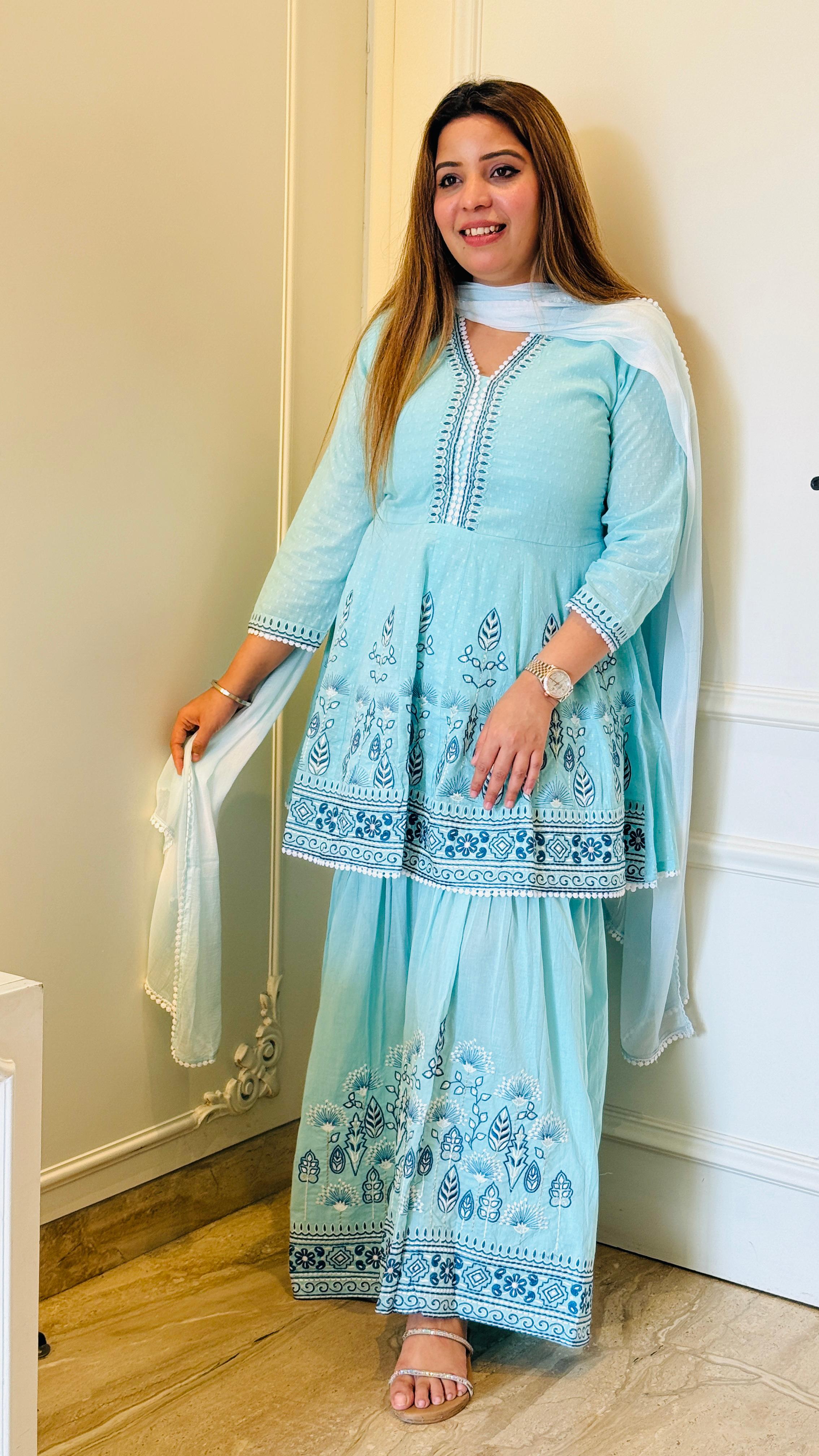 Sky Blue, Lavender, Pink Peplum Sharara Set